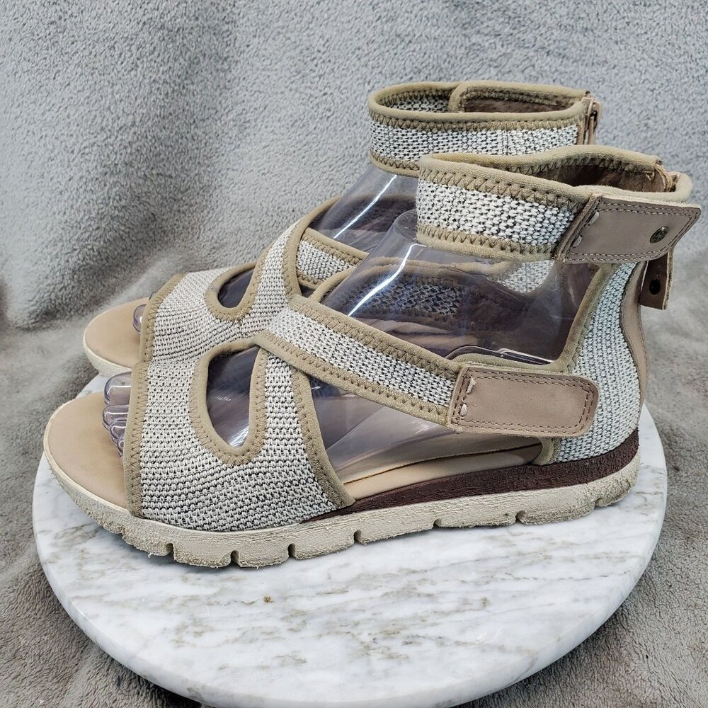 OTBT Shoes Womens Size 8 Circuit Tan Leather Textile Ankle Strap Wedge Sandals